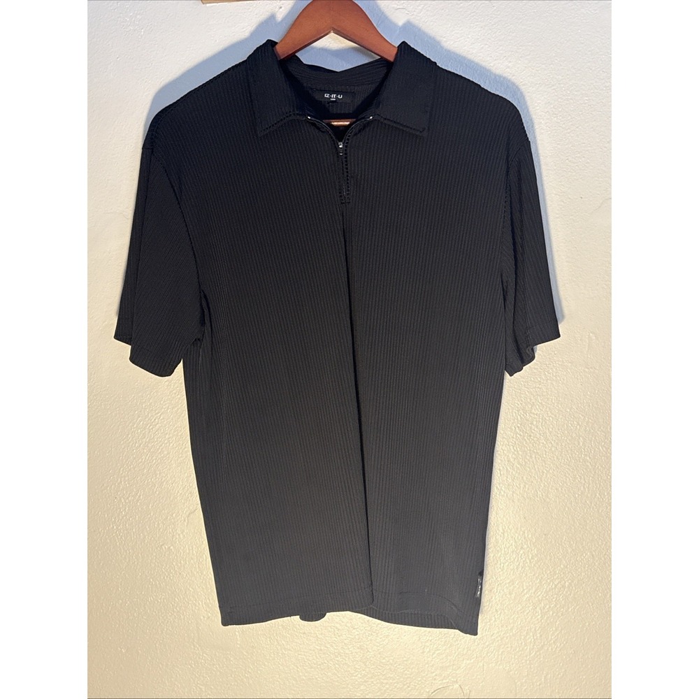 Vintage IZ IT U Quarter Zip‎ Polo Shirt Men's XL  Black Short Sleeve Y2K USA